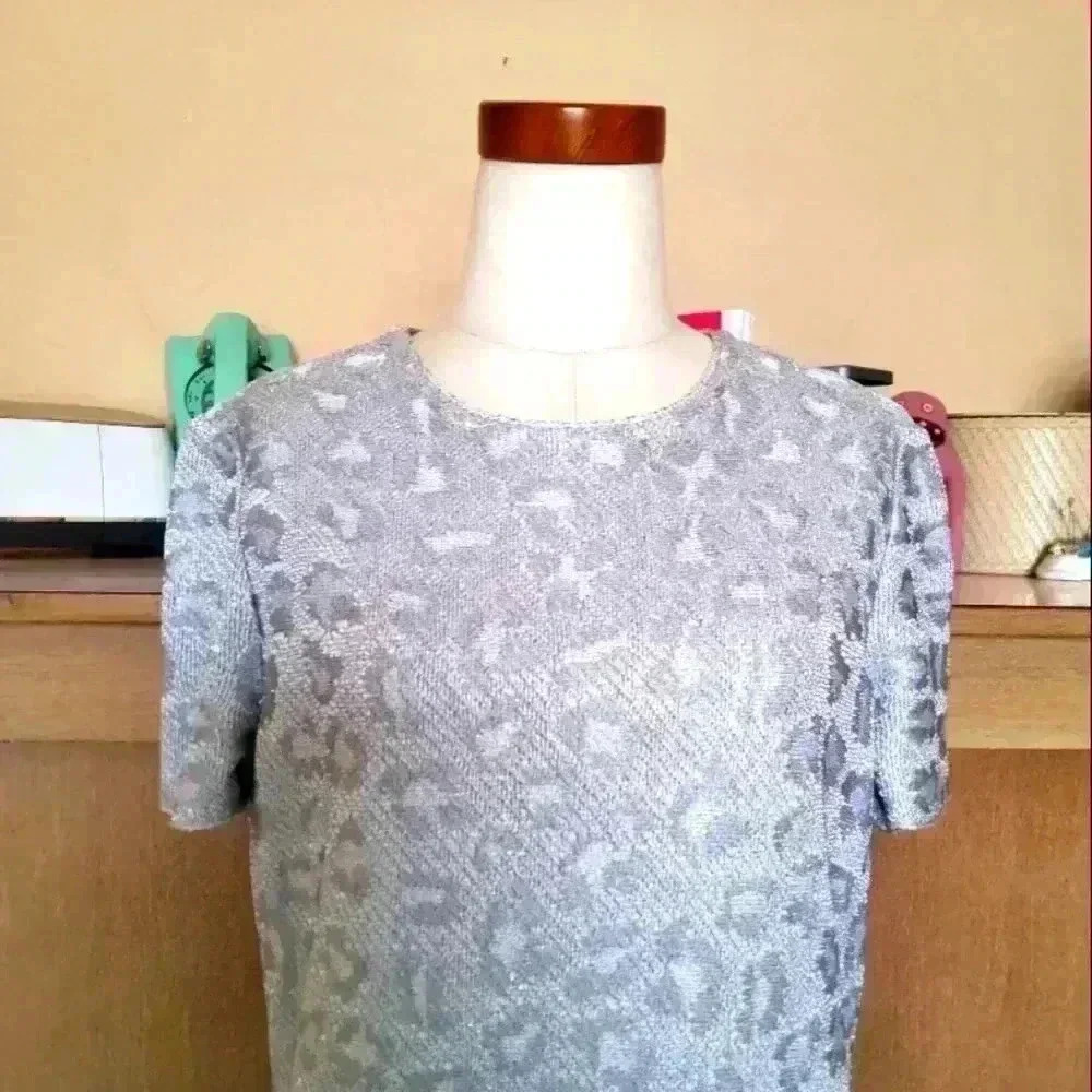 St John Knit Jaquard Silver Leopard Sequin Dress 10 NWOT